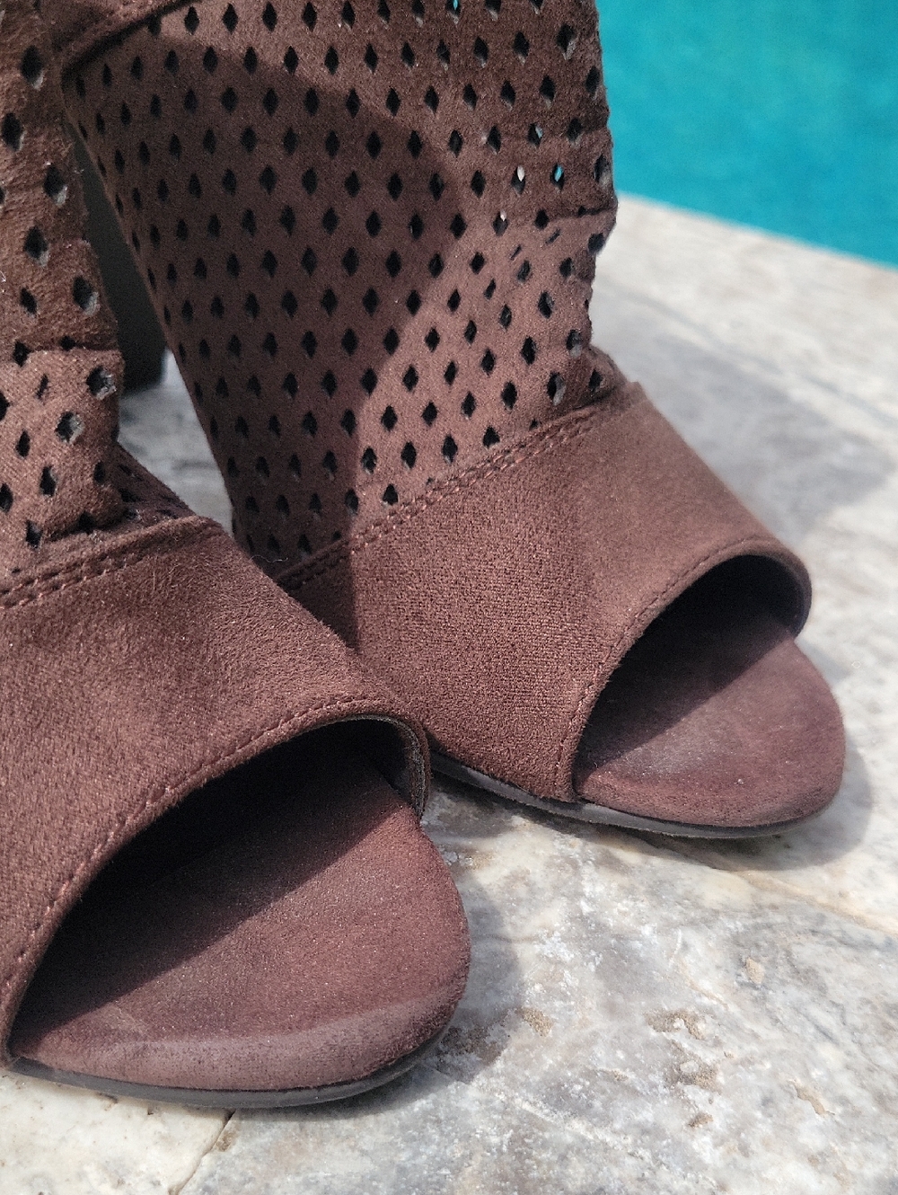 Cato Open Toe Brown Zipper Back Mesh Top Suede Look Ankle boots With Heel 7.5 - Picture 5 of 12